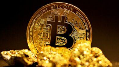a bitcoin sitting on top of a pile of gold nuggets