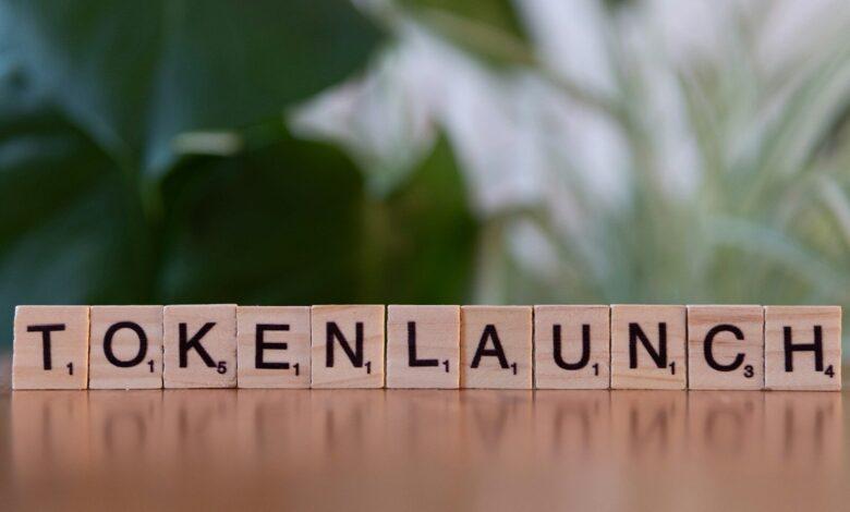 A wooden block spelling out the word tokenlaunch